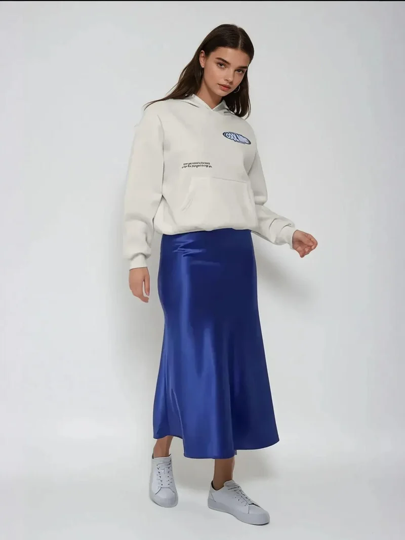Hiccup Midnight Blue High-Waist Satin Midi Skirt for Women | Best Price UAE