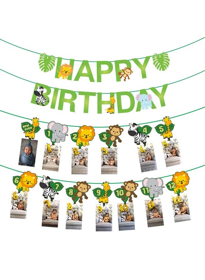 Party Propz Party Propz Jungle Theme Birthday Decoration Kit - 4pcs Jungle Theme Birthday Decoration Items for Boy and Girl,12 Month Photo Banner, Happy Birthday Banner (Cardstock) - Image 1