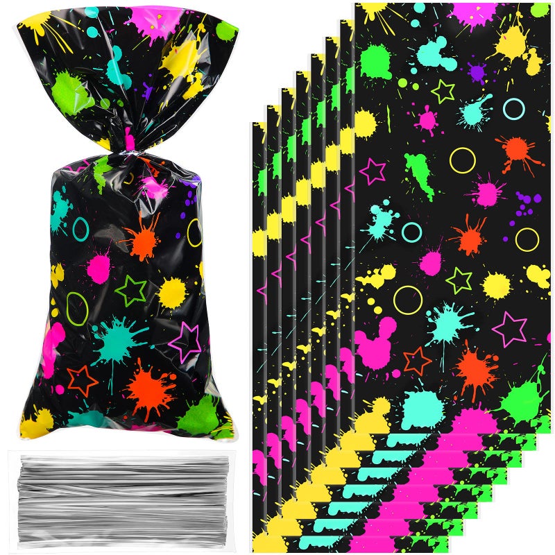 Epakh 100 Pack Neon Candy Bags Goodie Plastic Colorful Treat Glow in The Dark Party Supplies Favor Bags Neon Gift Wrap with Silver Twist Ties for Glow Birthday Party Decor - Image 3