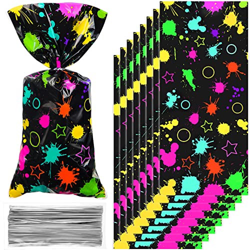 Epakh 100 Pack Neon Candy Bags Goodie Plastic Colorful Treat Glow in The Dark Party Supplies Favor Bags Neon Gift Wrap with Silver Twist Ties for Glow Birthday Party Decor - Image 2