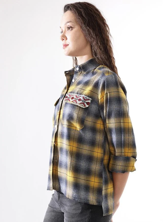 HIGH STAR Women's Multicolour 100% Cotton Embroidered Button Down Relaxed Shirt