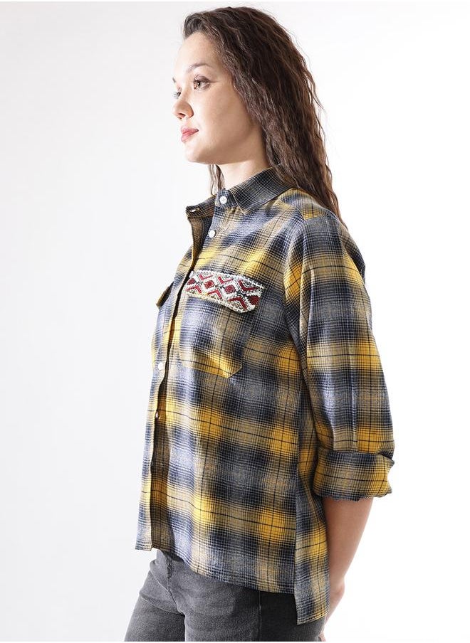 HIGH STAR Women Oversized Fit Checked Embroidered Casual Shirt  - Image 3
