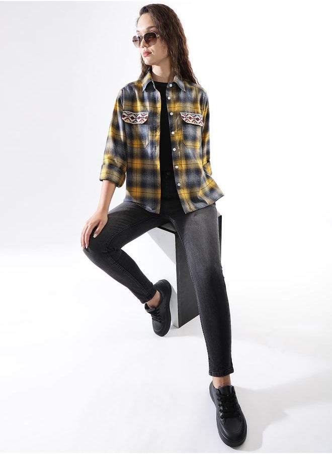 HIGH STAR Women Oversized Fit Checked Embroidered Casual Shirt  - Image 2