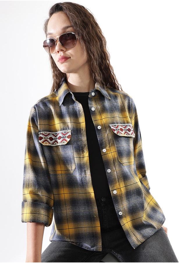 HIGH STAR Women Oversized Fit Checked Embroidered Casual Shirt  - Image 1