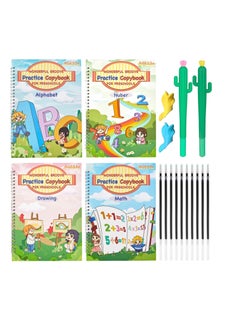 KASTWAVE Magic Practice Copybooks for Kids Reusable Handwriting Workbooks for Preschools Grooves Template Design and Handwriting Aid Practice for Kids Age 3-8 (4 Books with Pens)  - Image 1