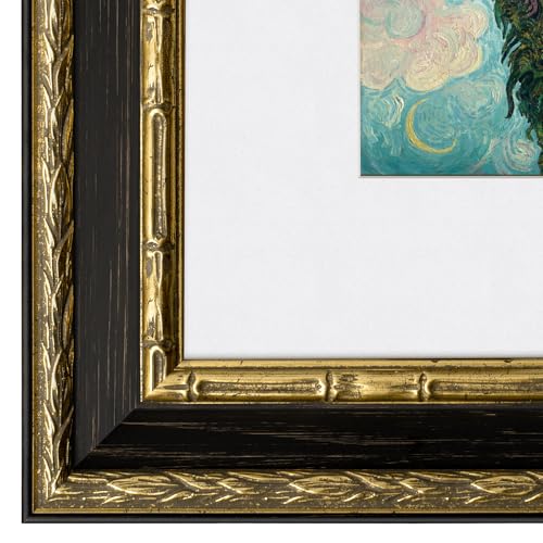 Yaetm 11x14 Vintage Picture Frame, Ornate Antique Gold 11x14 Frame with Real Glass, 1.4-inch Wide Molding, White Mat for 8x10 Photo - Portrait/Landscape, Wall Mount (Black/Gold, Single) - Image 3