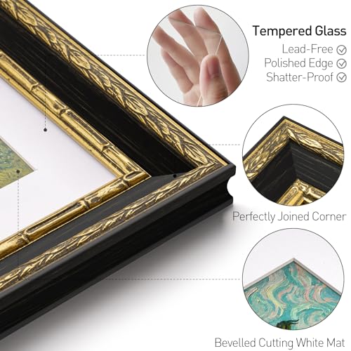 Yaetm 11x14 Vintage Picture Frame, Ornate Antique Gold 11x14 Frame with Real Glass, 1.4-inch Wide Molding, White Mat for 8x10 Photo - Portrait/Landscape, Wall Mount (Black/Gold, Single) - Image 4