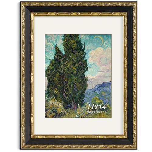Yaetm 11x14 Vintage Picture Frame, Ornate Antique Gold 11x14 Frame with Real Glass, 1.4-inch Wide Molding, White Mat for 8x10 Photo - Portrait/Landscape, Wall Mount (Black/Gold, Single) - Image 1