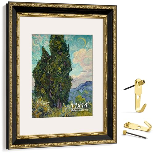 Yaetm 11x14 Vintage Picture Frame, Ornate Antique Gold 11x14 Frame with Real Glass, 1.4-inch Wide Molding, White Mat for 8x10 Photo - Portrait/Landscape, Wall Mount (Black/Gold, Single) - Image 2