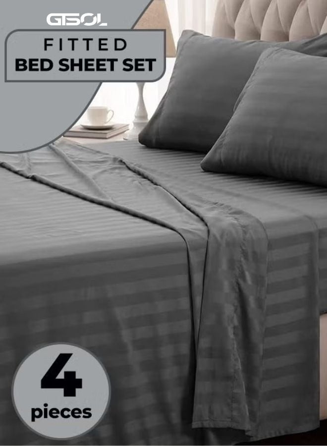 4-PIECE LUXURY KING SIZE STRIPED BEDDING SET  PREMIUM MICROFIBER DUVET COVER SET WITH DEEP POCKET FITTED SHEET (200X200+30CM) & 2 PILLOWCASES (48X74+5CM)  SOFT HOTEL COLLECTION COMFORTER COVER SET FOR KING BED  ELEGANT MODERN BEDROOM BEDDING