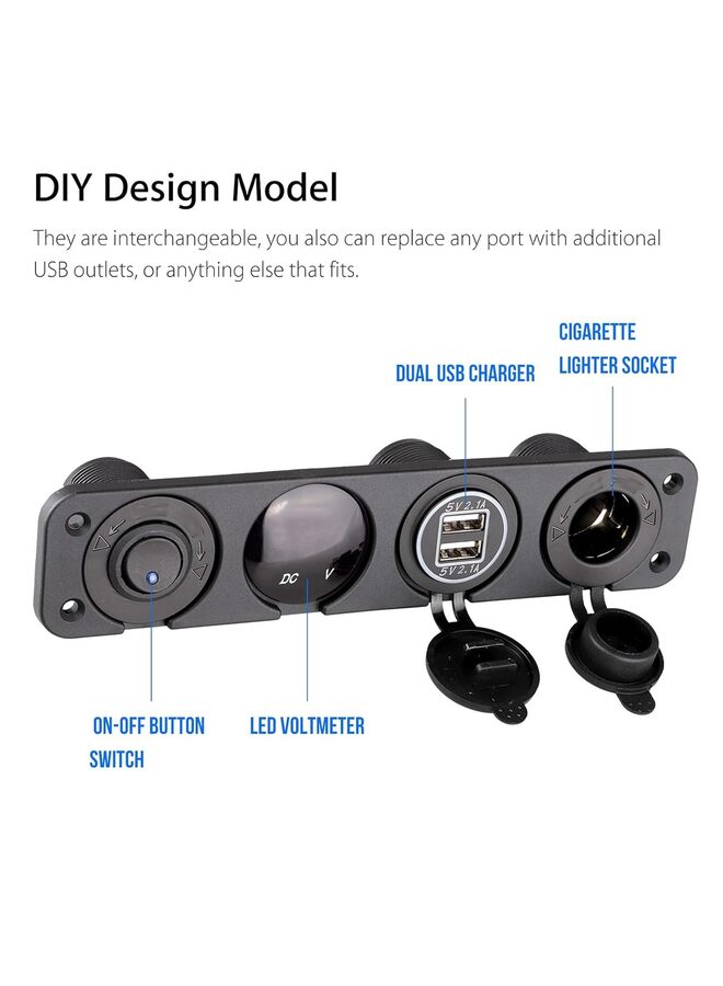 4 in 1 Marine Switch Panel, 12V 4.2A Dual USB Charger Socket Power Outlet  LED Voltmeter  Cigarette Lighter Socket  LED Lighted ON Off Rocker Toggle Switch for Truck Car Marine Boat - Image 3