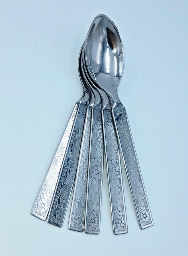 SHLINCO SHLINCO Cutlery Stainless Steel Dessert Spoon Set for Home/Kitchen/Dining, Combo of 6 Pieces, Silver (Round Edge), Embroidered Design Handel Steel Table Spoon Set (Pack of 6) - Image 3