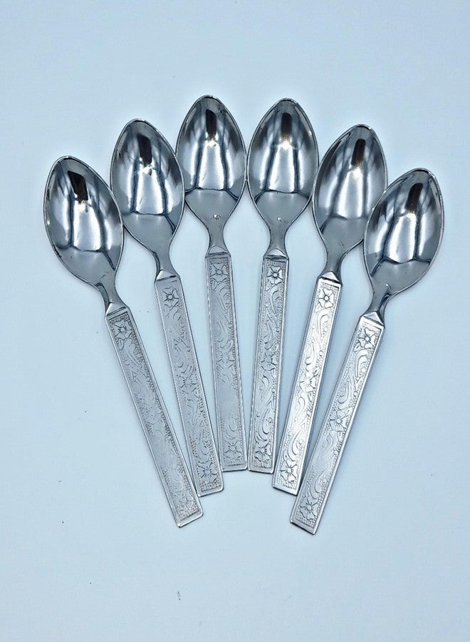 SHLINCO SHLINCO Cutlery Stainless Steel Dessert Spoon Set for Home/Kitchen/Dining, Combo of 6 Pieces, Silver (Round Edge), Embroidered Design Handel Steel Table Spoon Set (Pack of 6) - Image 1