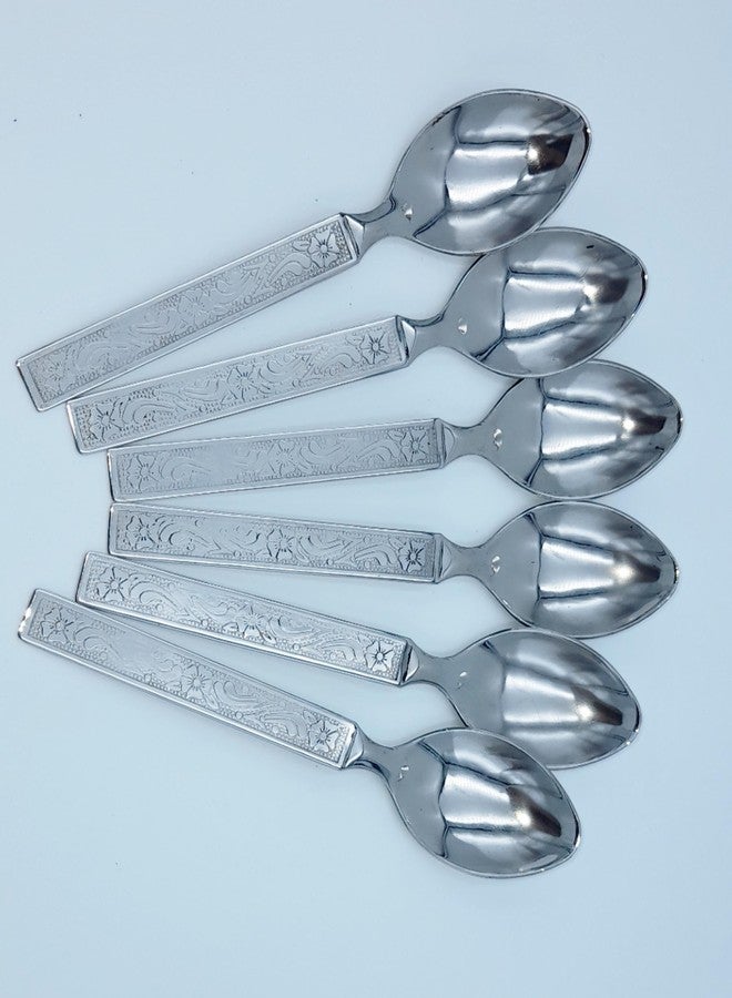 SHLINCO SHLINCO Cutlery Stainless Steel Dessert Spoon Set for Home/Kitchen/Dining, Combo of 6 Pieces, Silver (Round Edge), Embroidered Design Handel Steel Table Spoon Set (Pack of 6) - Image 2