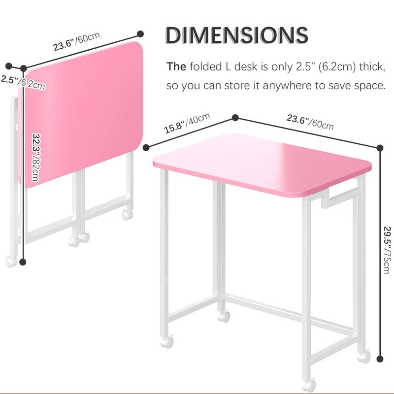 4NM 23.6" Mobile Small Rolling Computer Desk, Folding Laptop Cart Table with Wheels, Portable Office Desk for Small Space Couch Bed - Pink and White - Image 5
