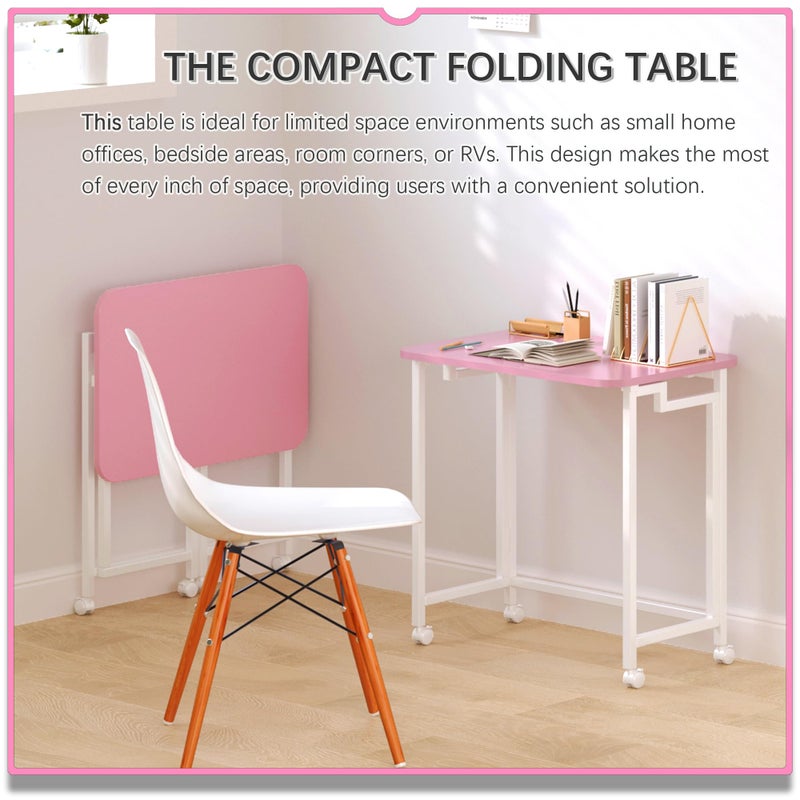 4NM 23.6" Mobile Small Rolling Computer Desk, Folding Laptop Cart Table with Wheels, Portable Office Desk for Small Space Couch Bed - Pink and White - Image 2