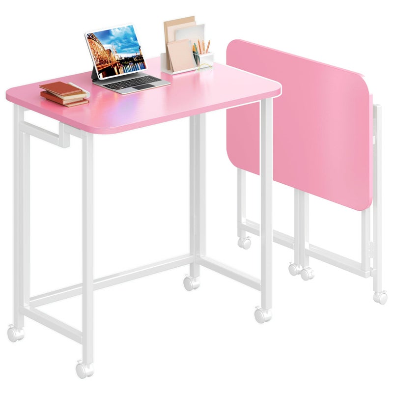 4NM 23.6" Mobile Small Rolling Computer Desk, Folding Laptop Cart Table with Wheels, Portable Office Desk for Small Space Couch Bed - Pink and White - Image 1