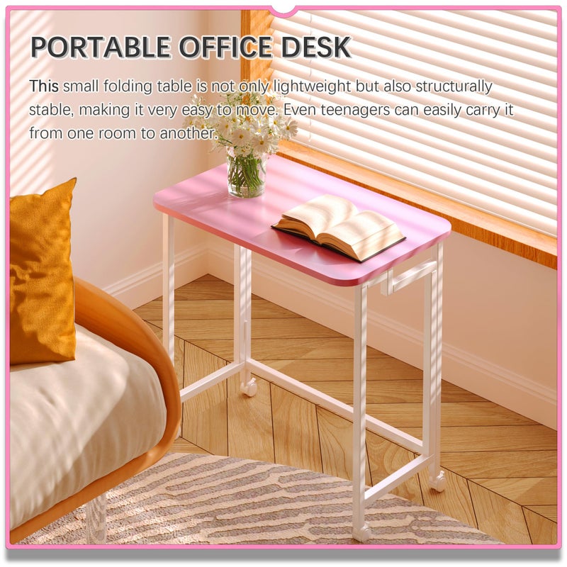 4NM 23.6" Mobile Small Rolling Computer Desk, Folding Laptop Cart Table with Wheels, Portable Office Desk for Small Space Couch Bed - Pink and White - Image 3
