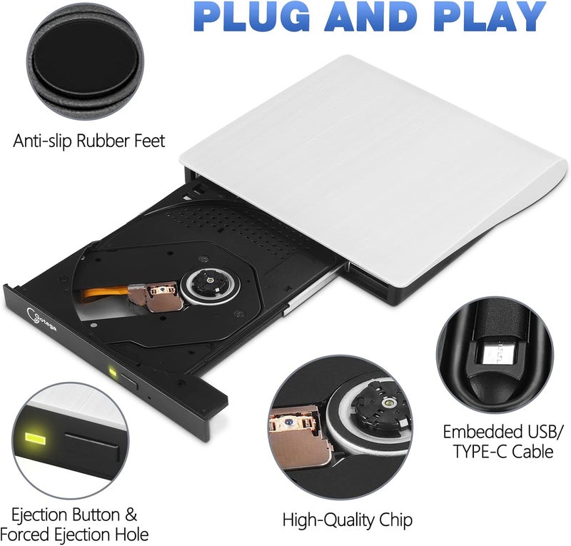 Gotega محرك DVD خارجي USB 3.0 TYPE C محرك أقراص CD/DVD محمول +/-RW محرك أقراص CD خارجي مشغل DVD للكمبيوتر المحمول CD/DVD ROM ناسخ قارئ متوافق مع الكمبيوتر المحمول والكمبيوتر المكتبي Windows Linux OS Apple Mac - Image 4