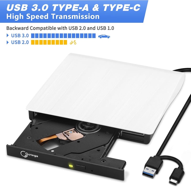 Gotega محرك DVD خارجي USB 3.0 TYPE C محرك أقراص CD/DVD محمول +/-RW محرك أقراص CD خارجي مشغل DVD للكمبيوتر المحمول CD/DVD ROM ناسخ قارئ متوافق مع الكمبيوتر المحمول والكمبيوتر المكتبي Windows Linux OS Apple Mac - Image 2
