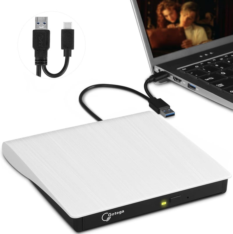 Gotega محرك DVD خارجي USB 3.0 TYPE C محرك أقراص CD/DVD محمول +/-RW محرك أقراص CD خارجي مشغل DVD للكمبيوتر المحمول CD/DVD ROM ناسخ قارئ متوافق مع الكمبيوتر المحمول والكمبيوتر المكتبي Windows Linux OS Apple Mac - Image 1