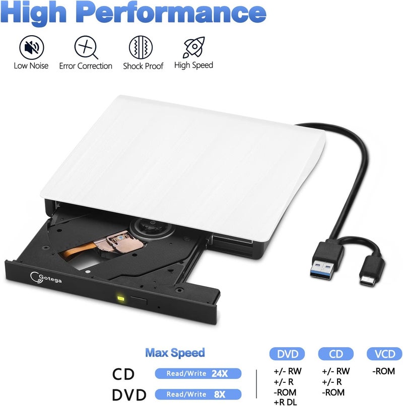 Gotega محرك DVD خارجي USB 3.0 TYPE C محرك أقراص CD/DVD محمول +/-RW محرك أقراص CD خارجي مشغل DVD للكمبيوتر المحمول CD/DVD ROM ناسخ قارئ متوافق مع الكمبيوتر المحمول والكمبيوتر المكتبي Windows Linux OS Apple Mac - Image 5