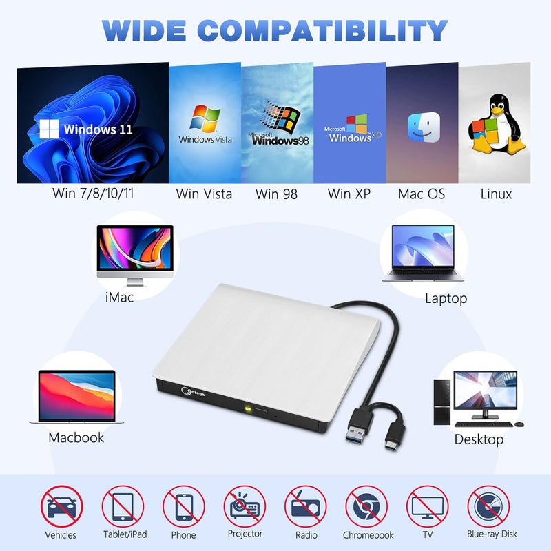 Gotega محرك DVD خارجي USB 3.0 TYPE C محرك أقراص CD/DVD محمول +/-RW محرك أقراص CD خارجي مشغل DVD للكمبيوتر المحمول CD/DVD ROM ناسخ قارئ متوافق مع الكمبيوتر المحمول والكمبيوتر المكتبي Windows Linux OS Apple Mac - Image 3