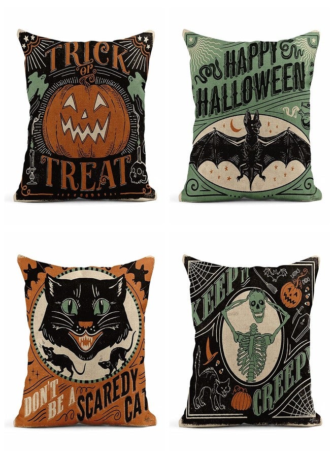 rouihot Set of 4 Linen Throw Pillow Covers 18x18 Inch Vintage Halloween Scaredy Cats Pumpkins Skeletons Home Decor Pillowcase Square Cushion Covers for Sofa Bed Couch - Image 1