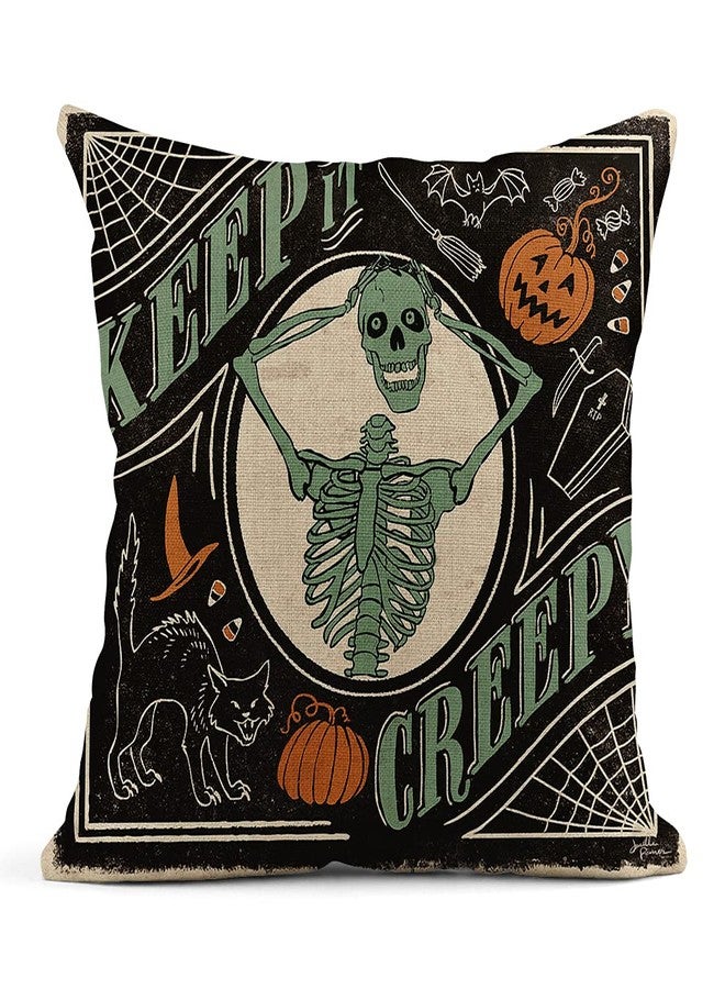 rouihot Set of 4 Linen Throw Pillow Covers 18x18 Inch Vintage Halloween Scaredy Cats Pumpkins Skeletons Home Decor Pillowcase Square Cushion Covers for Sofa Bed Couch - Image 3