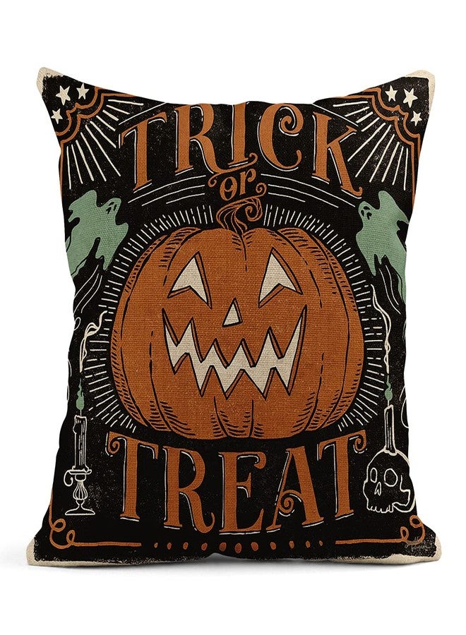 rouihot Set of 4 Linen Throw Pillow Covers 18x18 Inch Vintage Halloween Scaredy Cats Pumpkins Skeletons Home Decor Pillowcase Square Cushion Covers for Sofa Bed Couch - Image 2