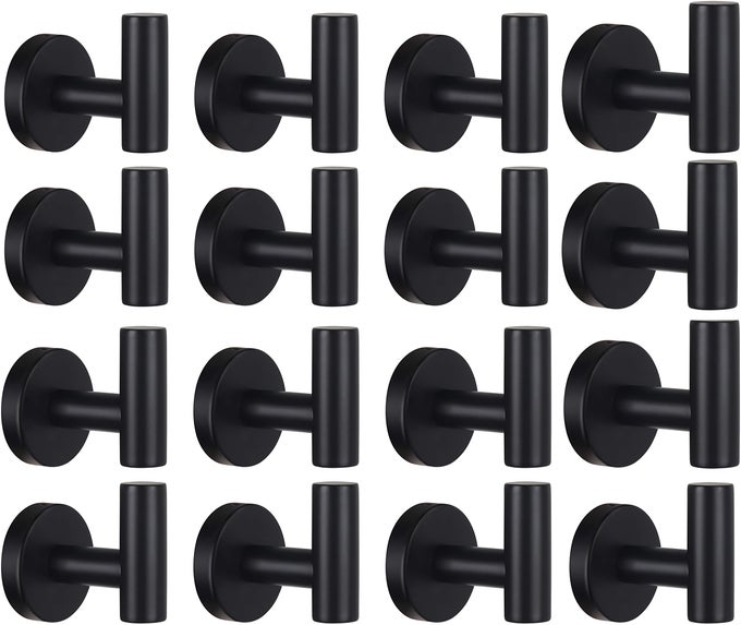 ROBE TOWEL HOOKS COAT HOOK BATHROOM MATTE BLACK WALL HOOK STAINLESS STEEL HEAVY DUTY DOOR HANGER TOWEL ROBE CLOTHES CABINET CLOSET SPONGES HOOK FOR BATHROOM BEDROOM KITCHEN HOTEL POOL 16 PACKS