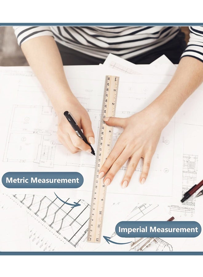 مجموعة من 10 مساطر خشبية بطول 12 بوصة، مساطر قياس خشبية بالجملة للطلاب والمعلمين في الفصول الدراسية، مقياسان - Image 4