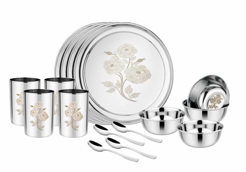 KC Stainless Steel Heavy Gauge Floral Dinner Set | Kitchen Set for Home | Lazer Design | Shagun | Bartan (Laser 16 Pcs) - Image 2