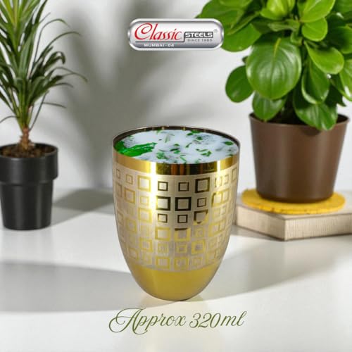 Classic Steels Stainless Steel Gold Laser Lotus Glass Set of 6 for Water, Milk, Lassi & Juice | International Standard Food Grade PVD Gold Coating | 300 ML Each | 1 Year Guarantee - Image 3