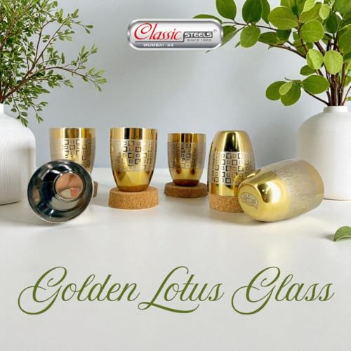 Classic Steels Stainless Steel Gold Laser Lotus Glass Set of 6 for Water, Milk, Lassi & Juice | International Standard Food Grade PVD Gold Coating | 300 ML Each | 1 Year Guarantee - Image 2