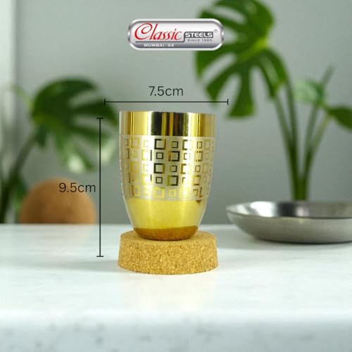 Classic Steels Stainless Steel Gold Laser Lotus Glass Set of 6 for Water, Milk, Lassi & Juice | International Standard Food Grade PVD Gold Coating | 300 ML Each | 1 Year Guarantee - Image 4