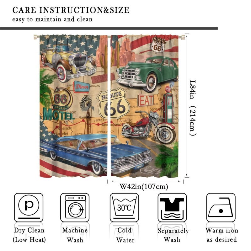 GoDazzling Antique Car Blackout Curtains Window  Old Classic Car Theme Vintage Route 66 Diner Motorcycle Curtains  for Living Room Bedroom 84x84in 2 Panels - Image 2