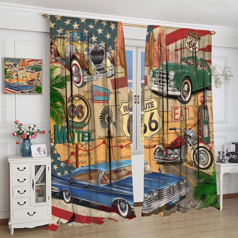 GoDazzling Antique Car Blackout Curtains Window  Old Classic Car Theme Vintage Route 66 Diner Motorcycle Curtains  for Living Room Bedroom 84x84in 2 Panels - Image 4