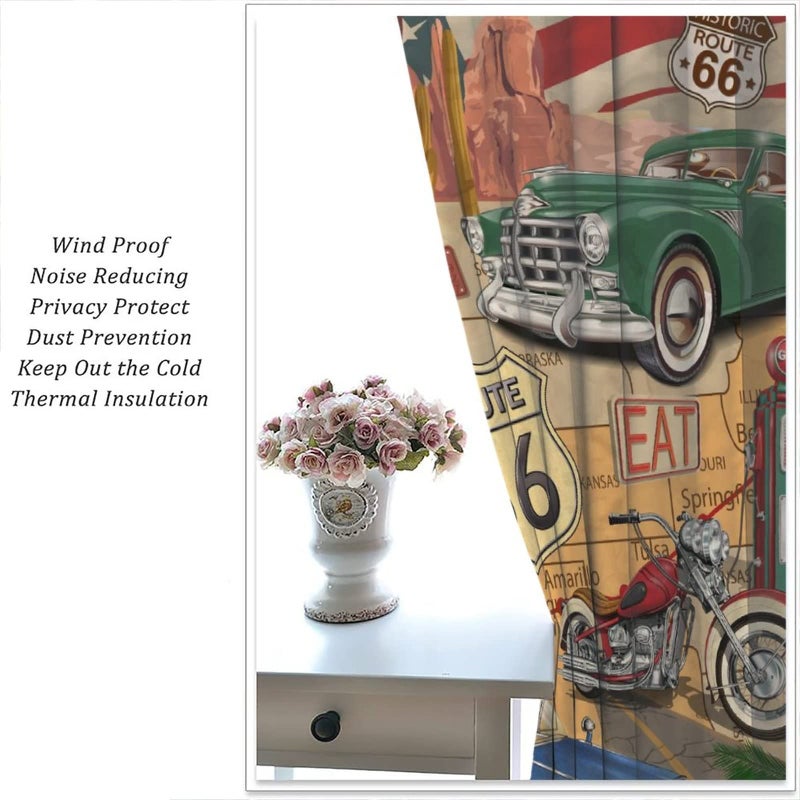 GoDazzling Antique Car Blackout Curtains Window  Old Classic Car Theme Vintage Route 66 Diner Motorcycle Curtains  for Living Room Bedroom 84x84in 2 Panels - Image 5