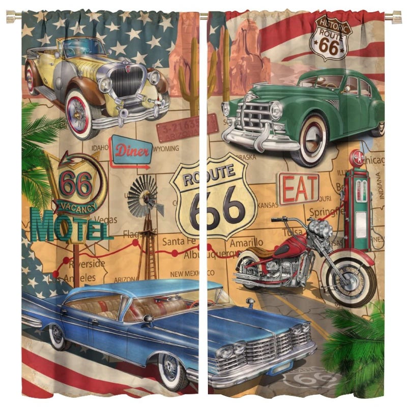 GoDazzling Antique Car Blackout Curtains Window  Old Classic Car Theme Vintage Route 66 Diner Motorcycle Curtains  for Living Room Bedroom 84x84in 2 Panels - Image 1