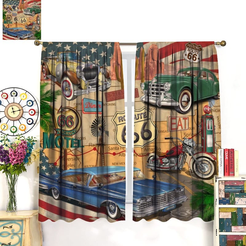 GoDazzling Antique Car Blackout Curtains Window  Old Classic Car Theme Vintage Route 66 Diner Motorcycle Curtains  for Living Room Bedroom 84x84in 2 Panels - Image 3