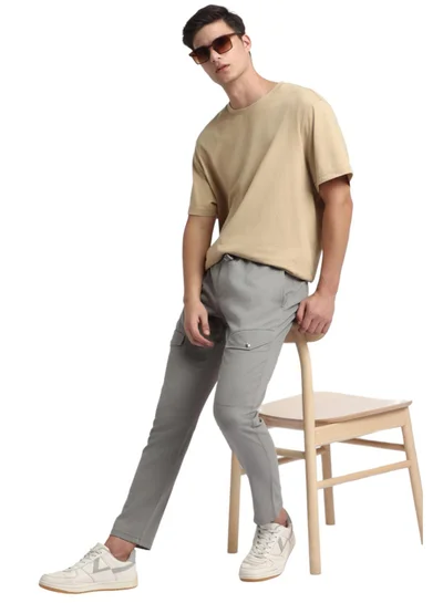Dennis Lingo Slim Fit Mid Grey Men's Cotton Lycra Cargo Trouser, Mid Rise, Full Length, Casual