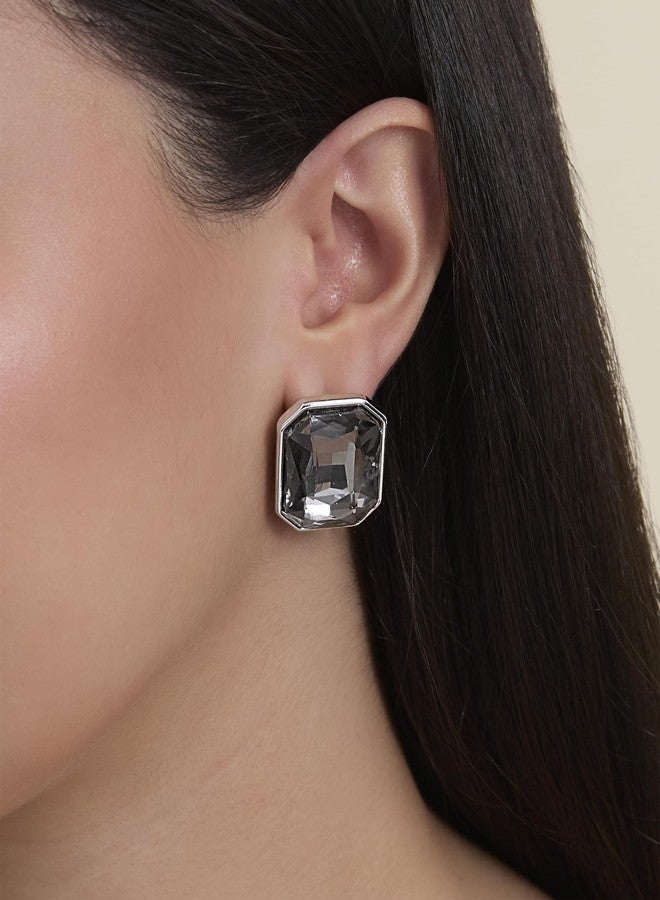 Jessica Simpson Statement Rectangle Stud Earrings for Women - Silver-Tone Framed Gemstone Crystal Earrings - Bold Faceted Studs for Elegant & Evening Wear - Image 2