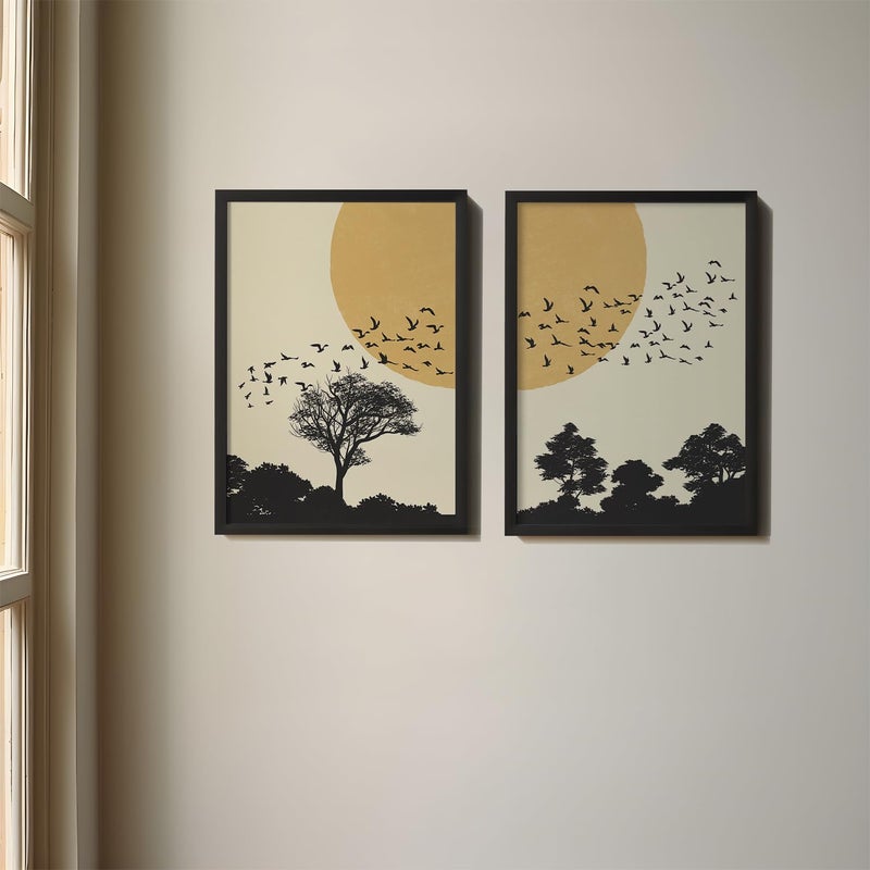 QUOTE - UNQUOTE ART QUOTE UNQUOTE ART Set of 2 Boho Paintings Forest Birds Aesthetic Wall Art 13x17 inches Black Frame - Image 1