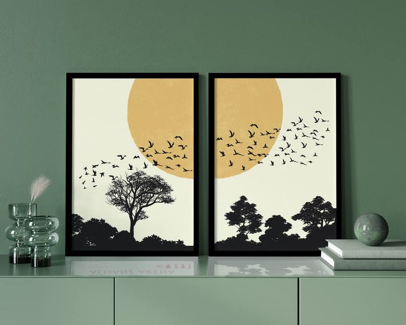 QUOTE - UNQUOTE ART QUOTE UNQUOTE ART Set of 2 Boho Paintings Forest Birds Aesthetic Wall Art 13x17 inches Black Frame - Image 4