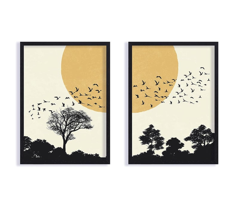 QUOTE - UNQUOTE ART QUOTE UNQUOTE ART Set of 2 Boho Paintings Forest Birds Aesthetic Wall Art 13x17 inches Black Frame - Image 2