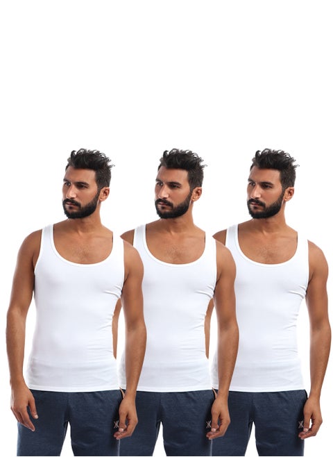 100% Cotton Three Sleeveless Solid Men Undershirt -White