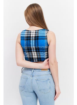 RIVER ISLAND Women Square Neck Sleeveless Plaid Crop Top, Blue Combo  - Image 4