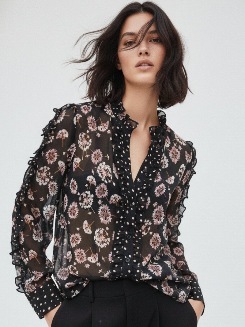OUTZIDR Black Printed Deep-V Top - Image 1