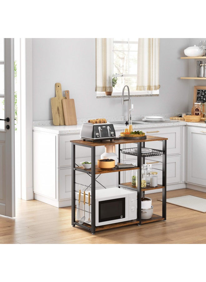 VASAGLE ALINRU Kitchen Bakers Rack, Coffee Bar, Microwave Oven Stand, with Steel Frame, Wire Basket, 6 Hooks, 35.4", Rustic Brown